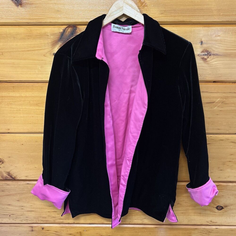 Ronni Nicole Ouida VTG Y2K Black Velvet M Pink Lined Dressy Shirt Jacket Party
